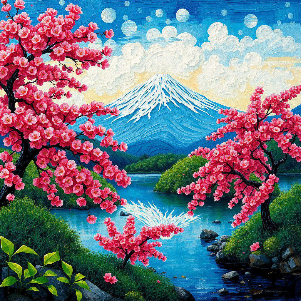 Vibrant Japanese Landscape as Impasto Painting