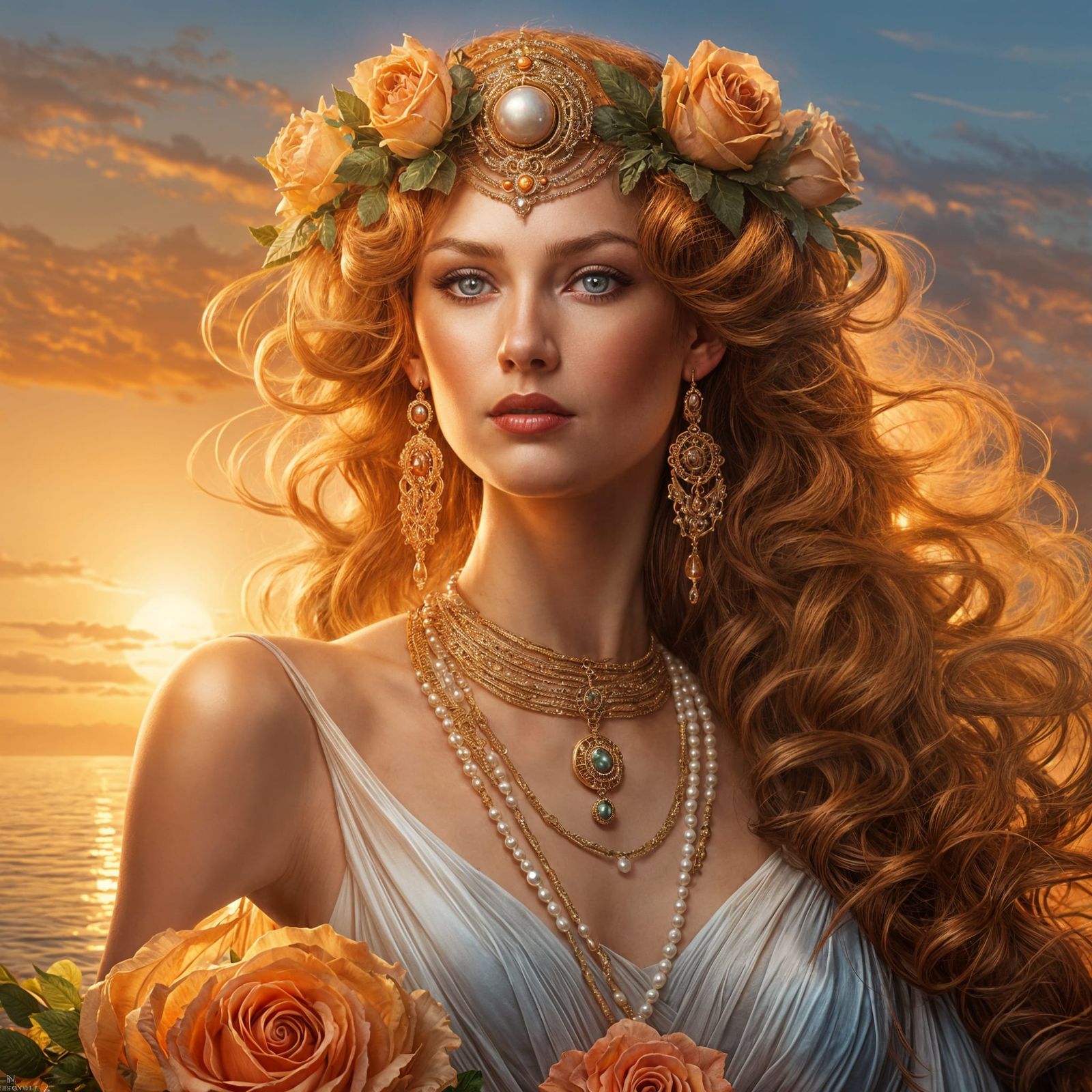 Goddess in Flowing Silk and Pearls at Sunset