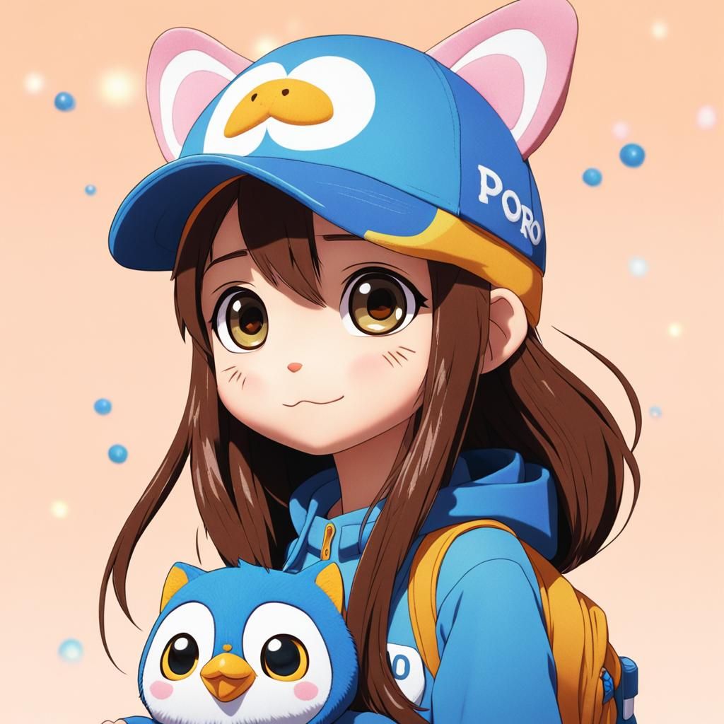 Cute Cat-Girl with Pororo Cap in Anime Style