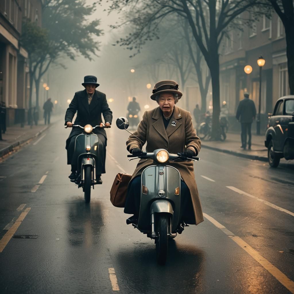 Queen Elizabeth Rides Scooter in Cinematic Film Still