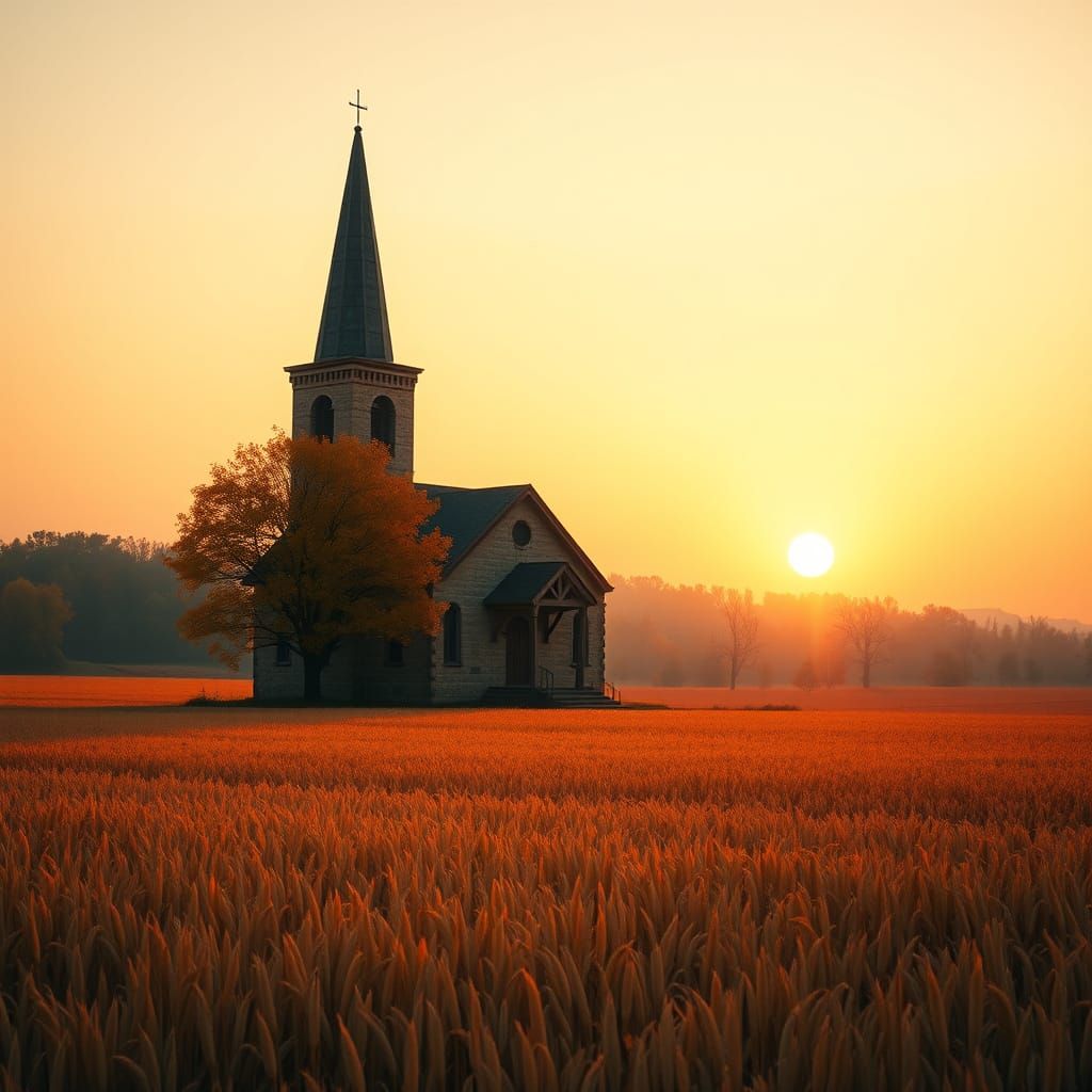 Golden Rice Field Church at Autumn Twilight
