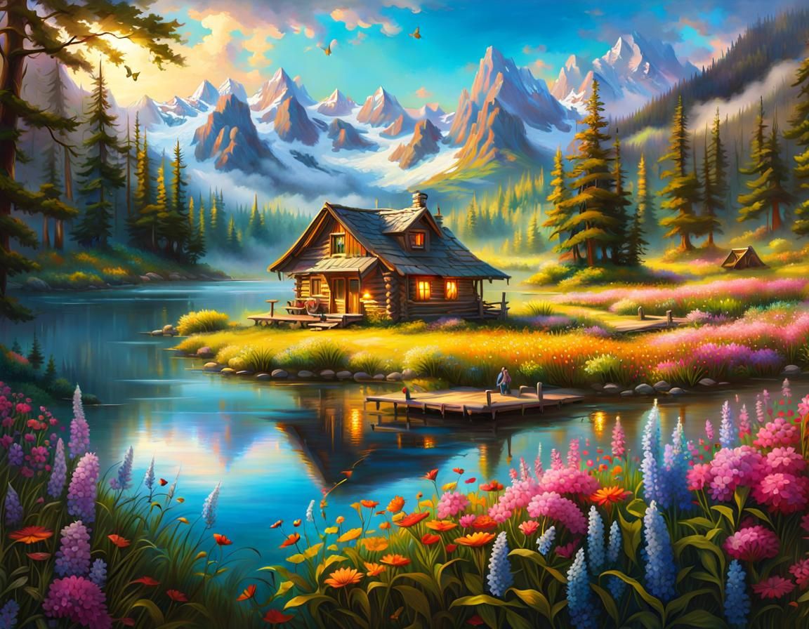 Cabin by Lake with Flower Meadow in Oil Colors