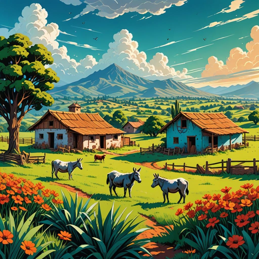 Idyllic Mexican Farm Landscape in Vibrant Comic Book Style