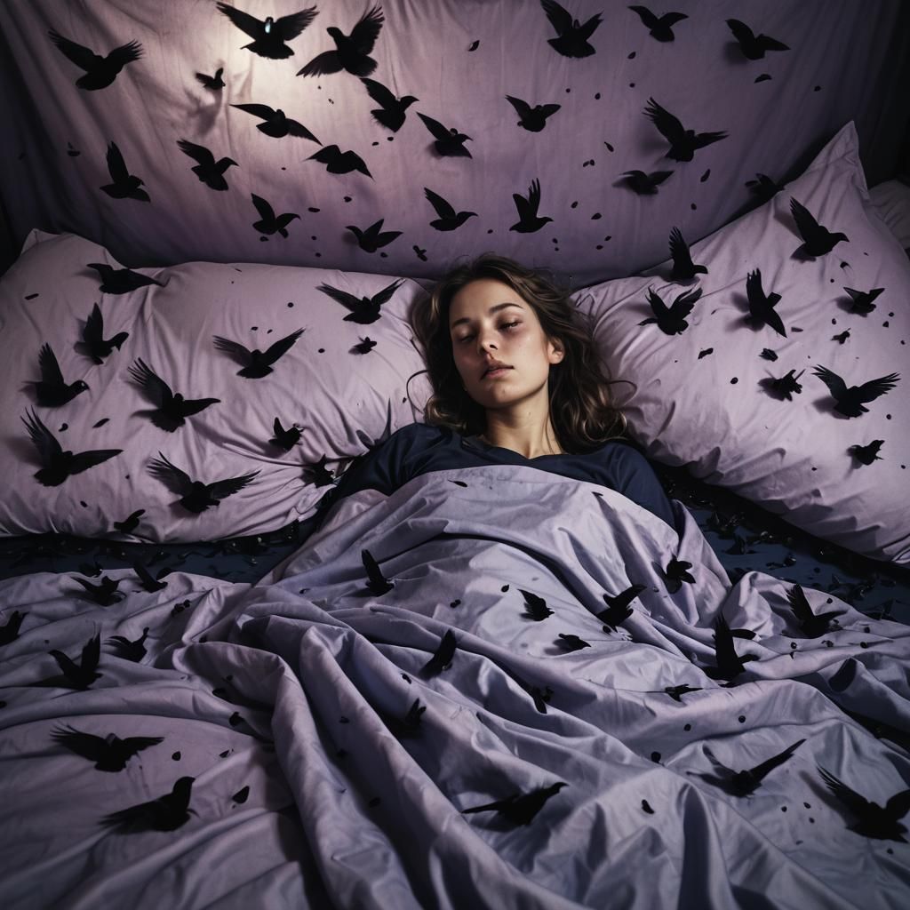 Surreal Bed Dream with Bioluminescent Birds