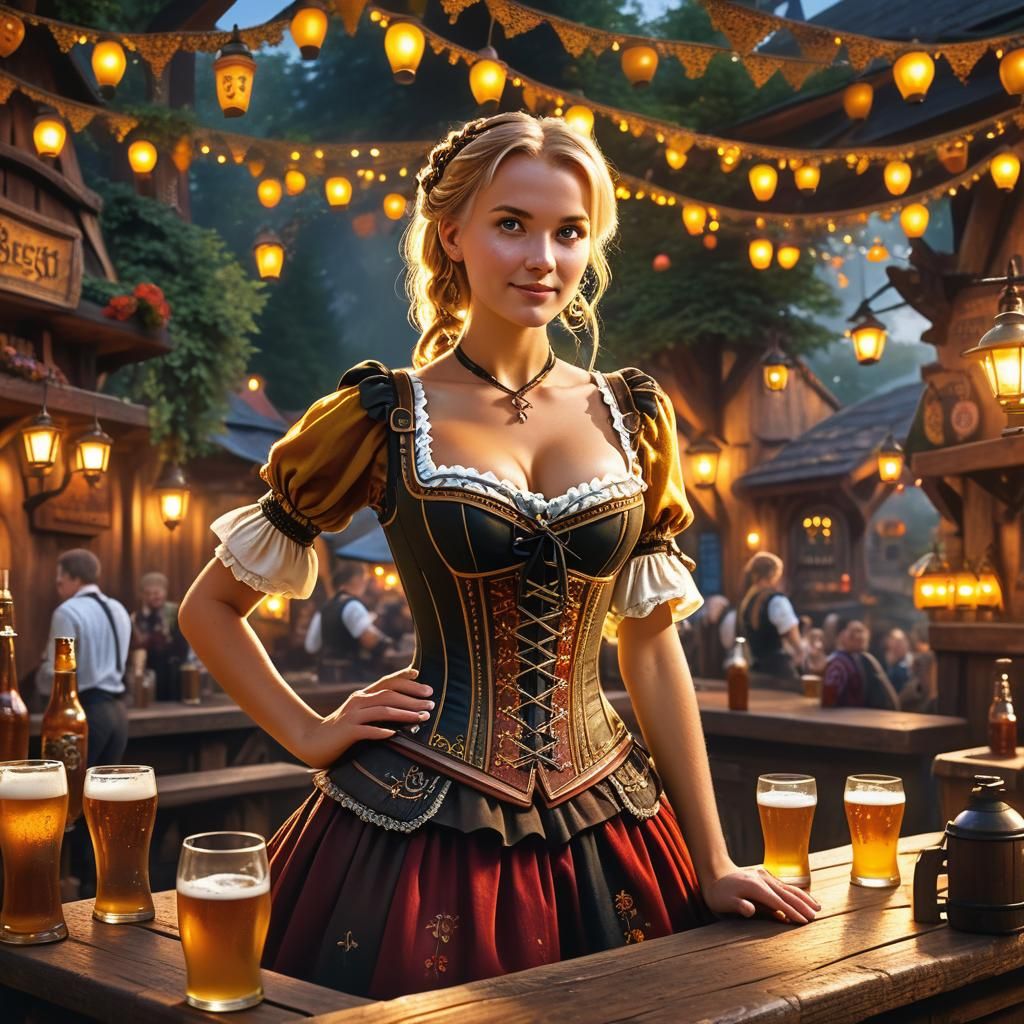 Oktoberfest Barmaid Serving Drinks in Beer Garden