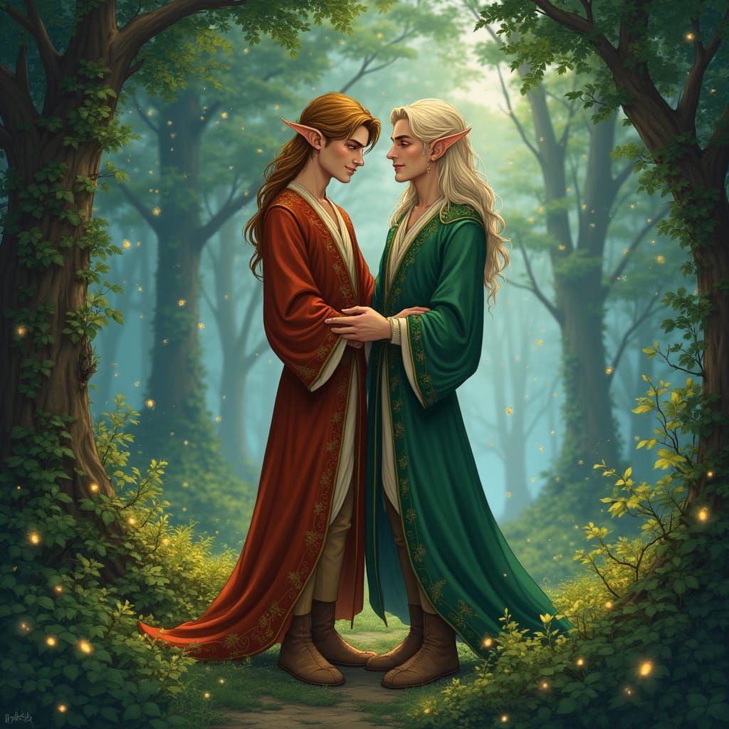 Elves Embrace in Enchanted Forest Illustration