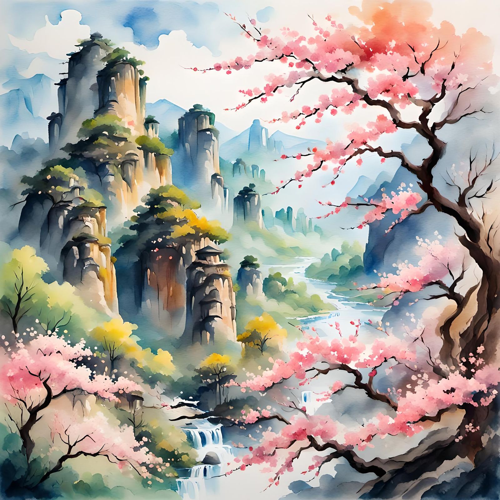 Cherry Blossom Tree in Mountain Valley, Gouache Style
