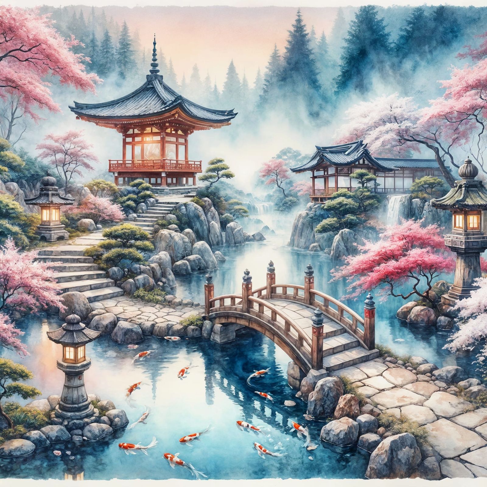 Tranquil Japanese Temple Garden: Watercolor Masterpiece