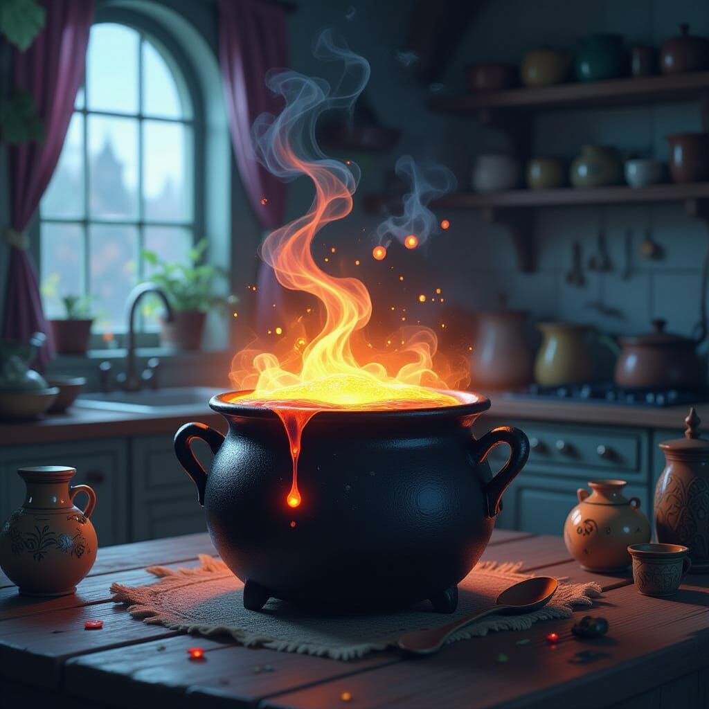 Bubbling Cauldron with Glowing Potion in Surreal Witch Kitch...