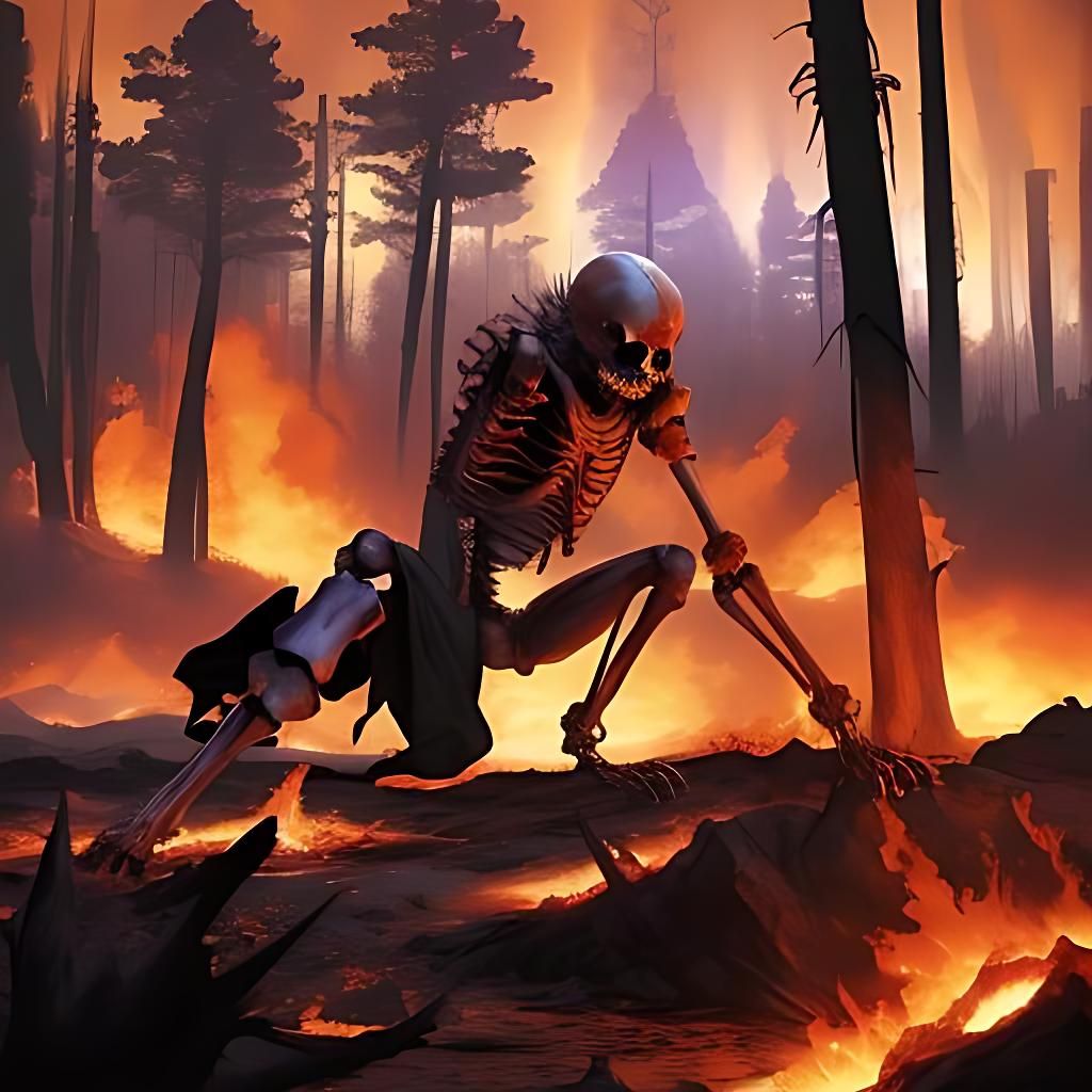 Flaming Skeleton Soldier in Apocalyptic Scene