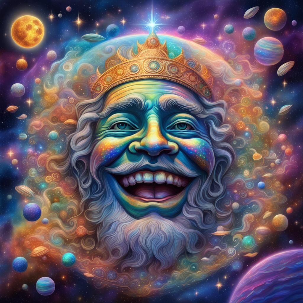 Smiling Deity in Holographic Astral Illustration