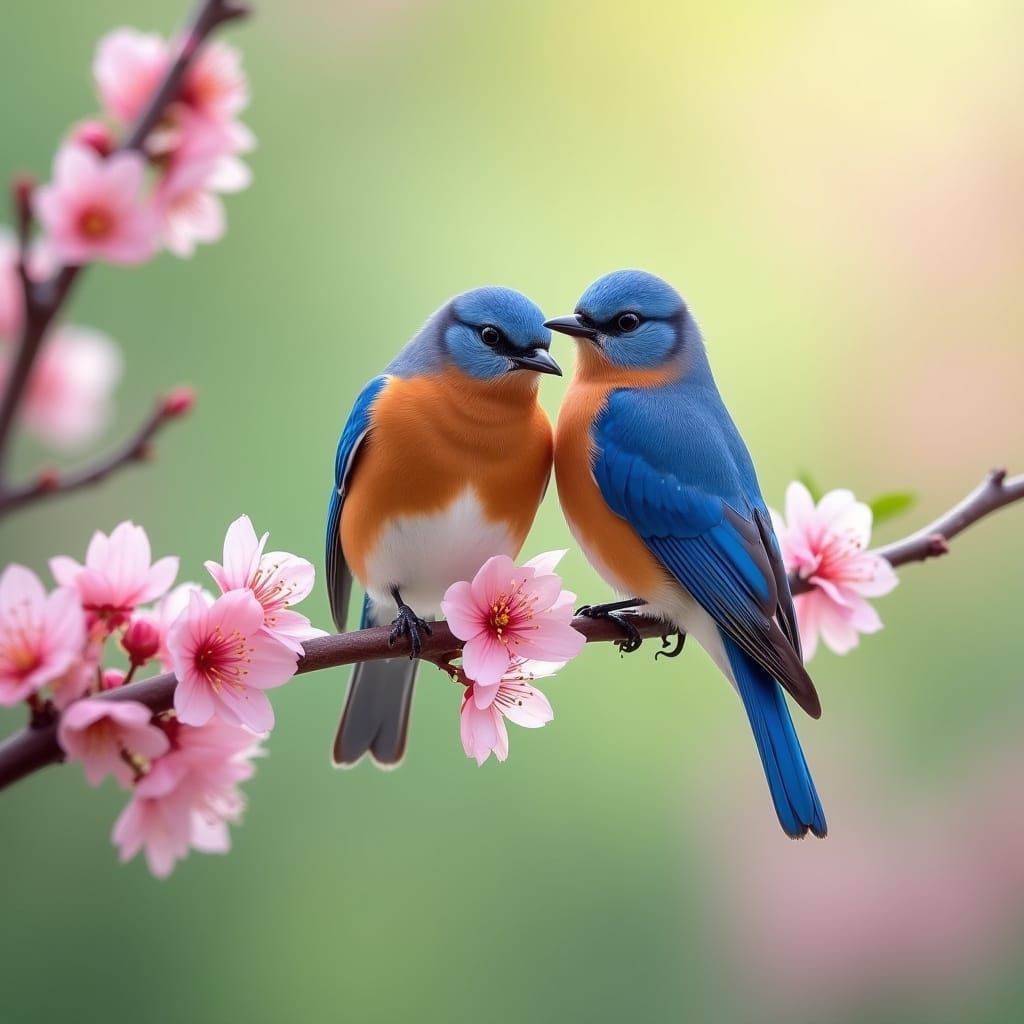 Vibrant Bluebirds Perched on a Pink Blossoming Branch in Spr...