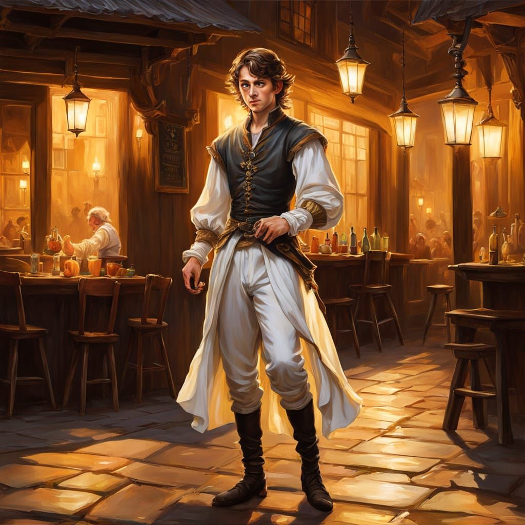 Baroque Elf Rogue Outside Busy Tavern