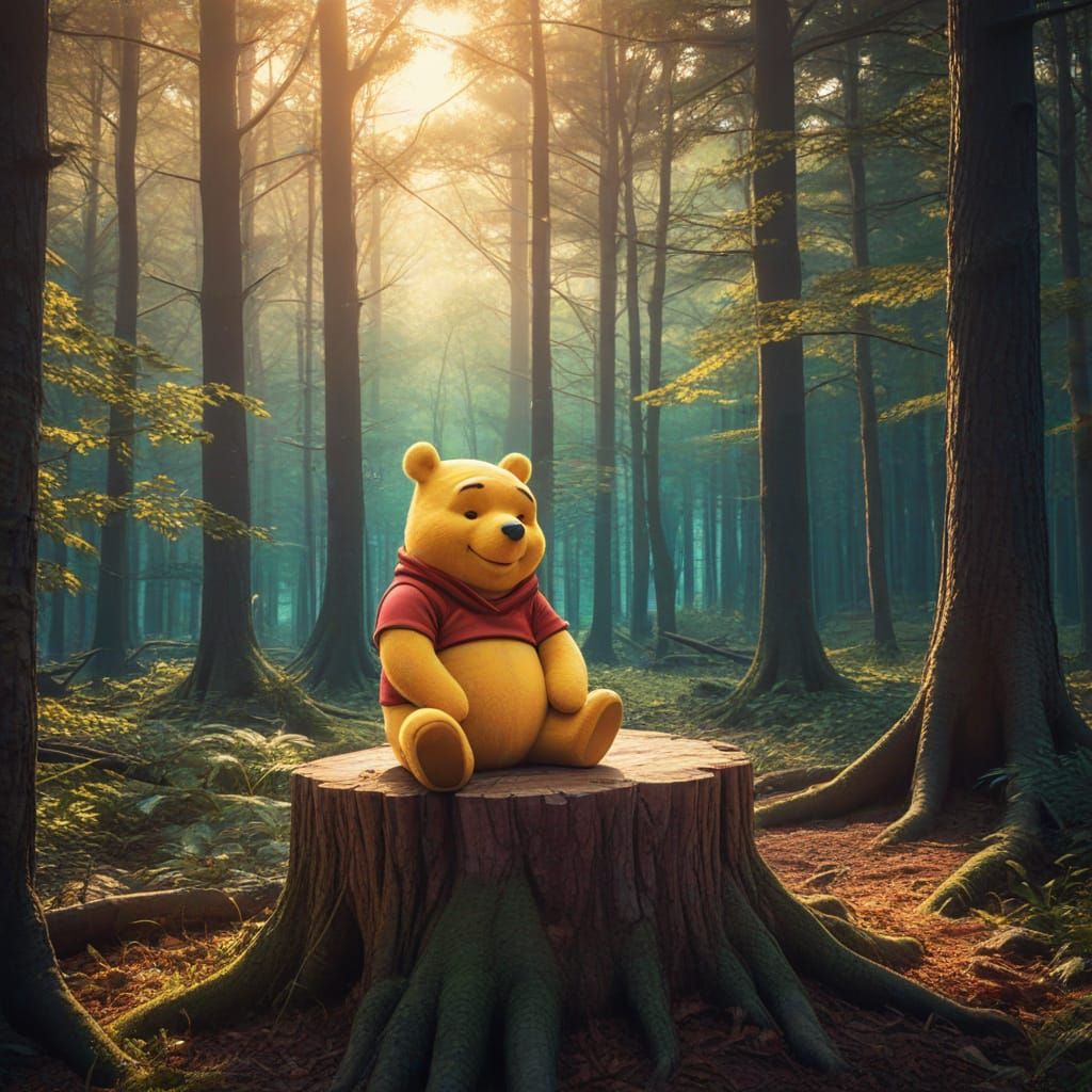 Whimsical Winnie the Pooh in Vibrant Forest Landscape