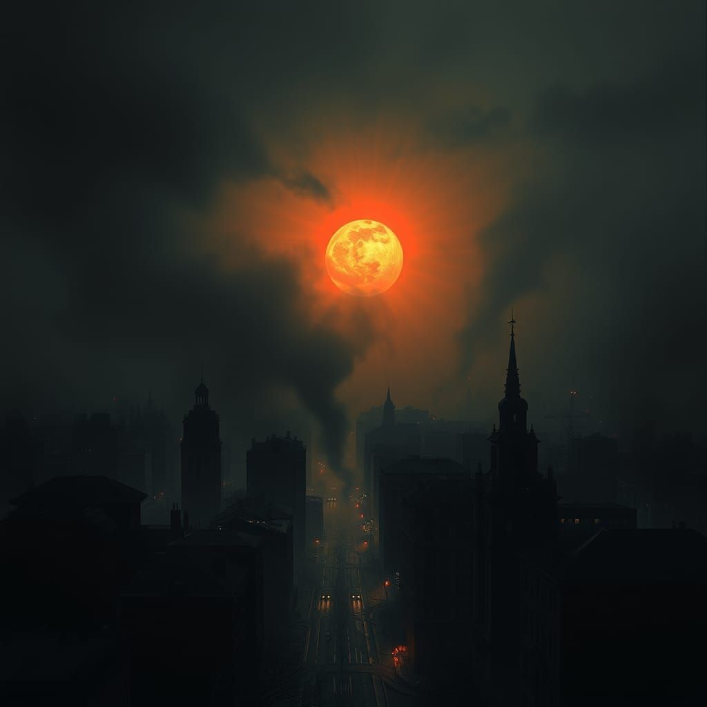 Horror Sunrise Over City, Doré and Rutkowski Style