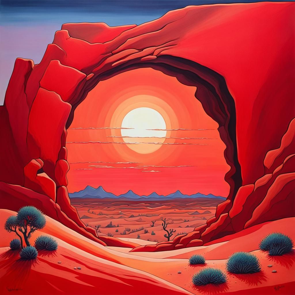 Desert Arch at Red Sunrise: Gouache Surrealism