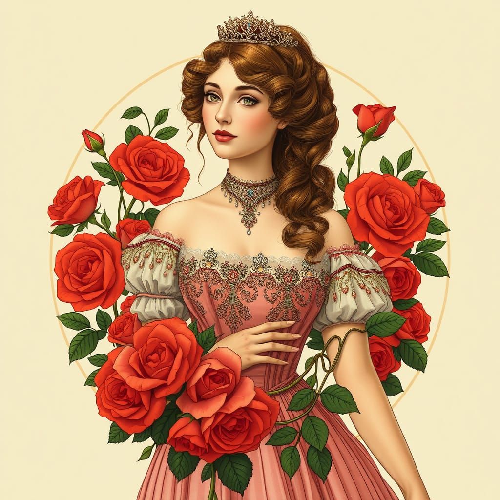 Elegant Princess Surrounded by Red Roses in Art Nouveau Styl...