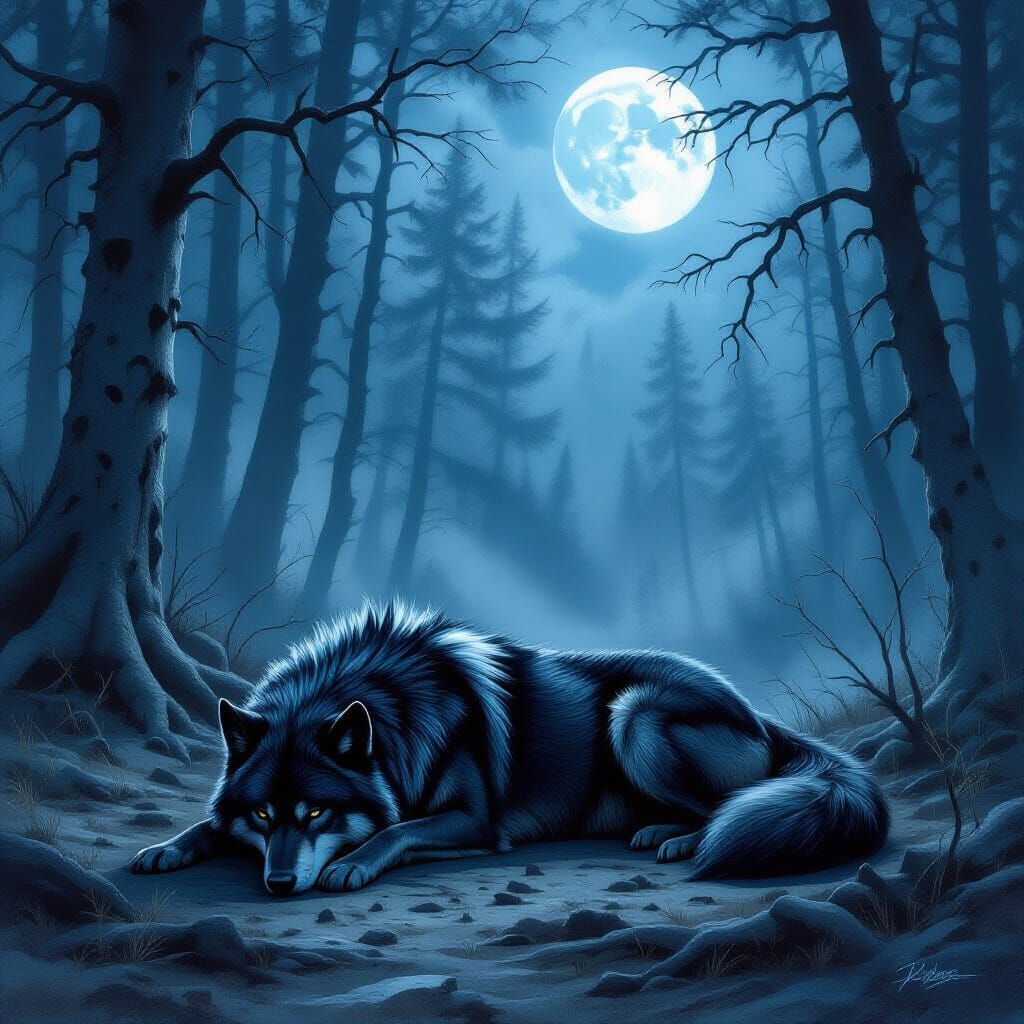 Black Wolf Cries in Grief in Moonlit Forest