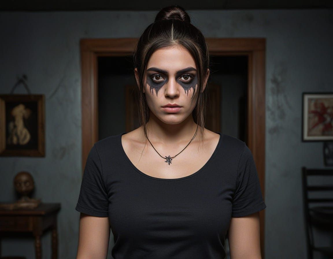 Young stocky Mexican Female zombie with long straight dyed dark brown hair tied behind head, dark hairy eyebrows, grey s...
