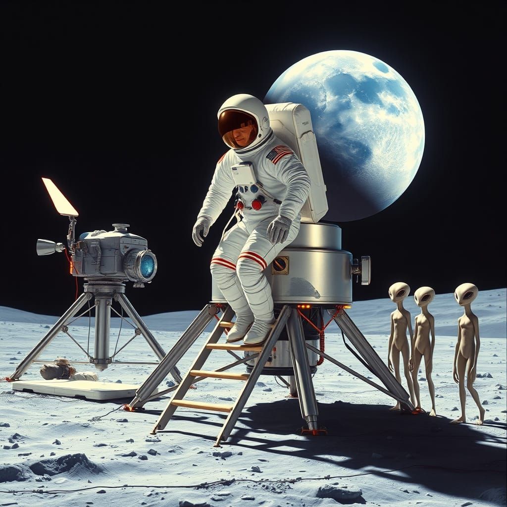Astronaut Armstrong Steps onto Retro-Futuristic Moon Set