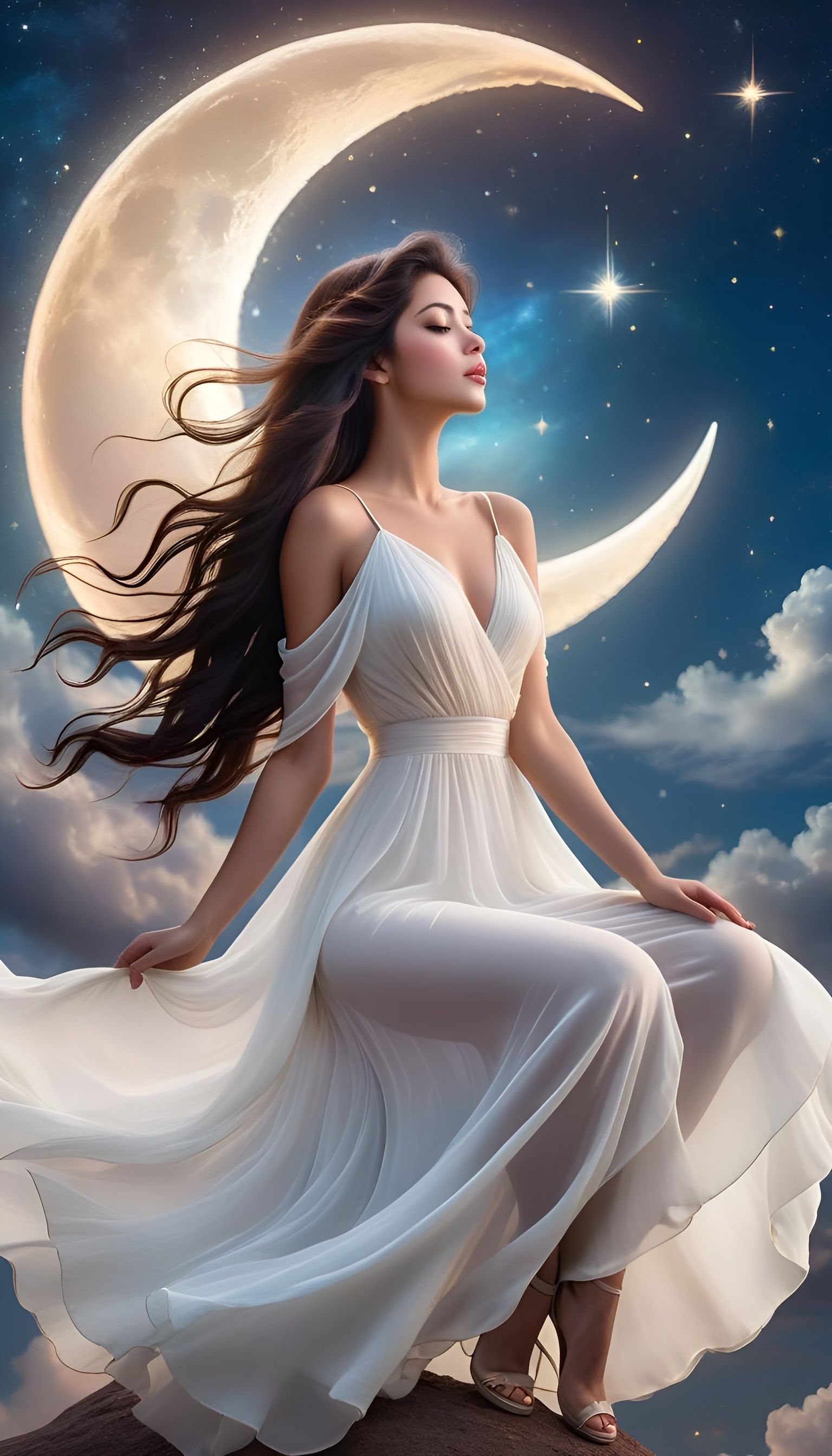 Woman on Moon in Dreamy Pastel Sky