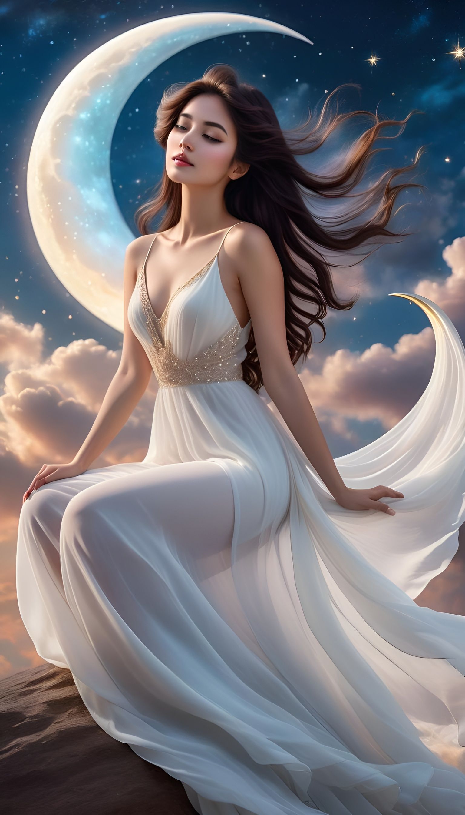Woman on Moon with Flowing Dress in Pastel Sky