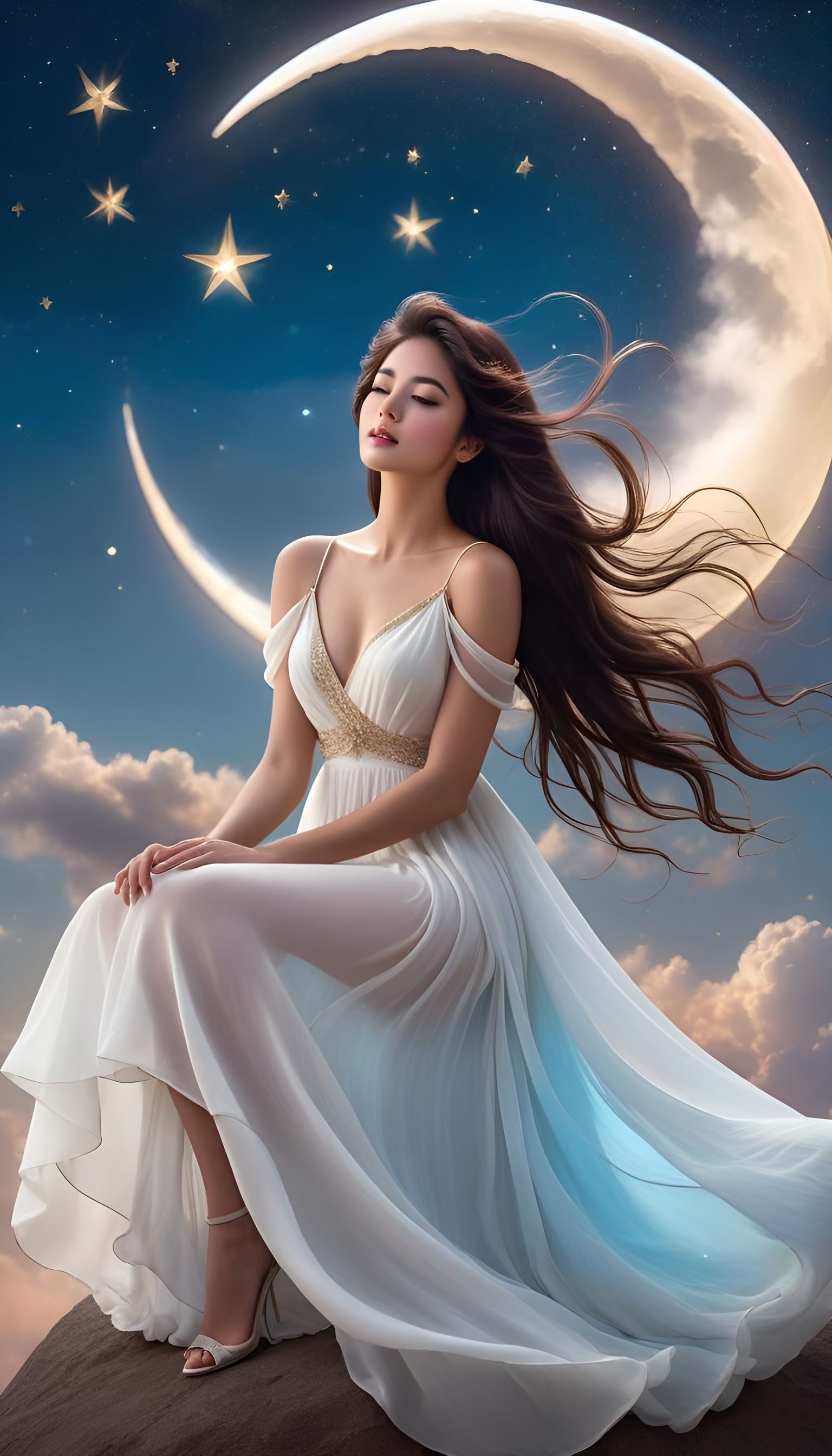 Woman on Moon in Dreamy Pastel Sky