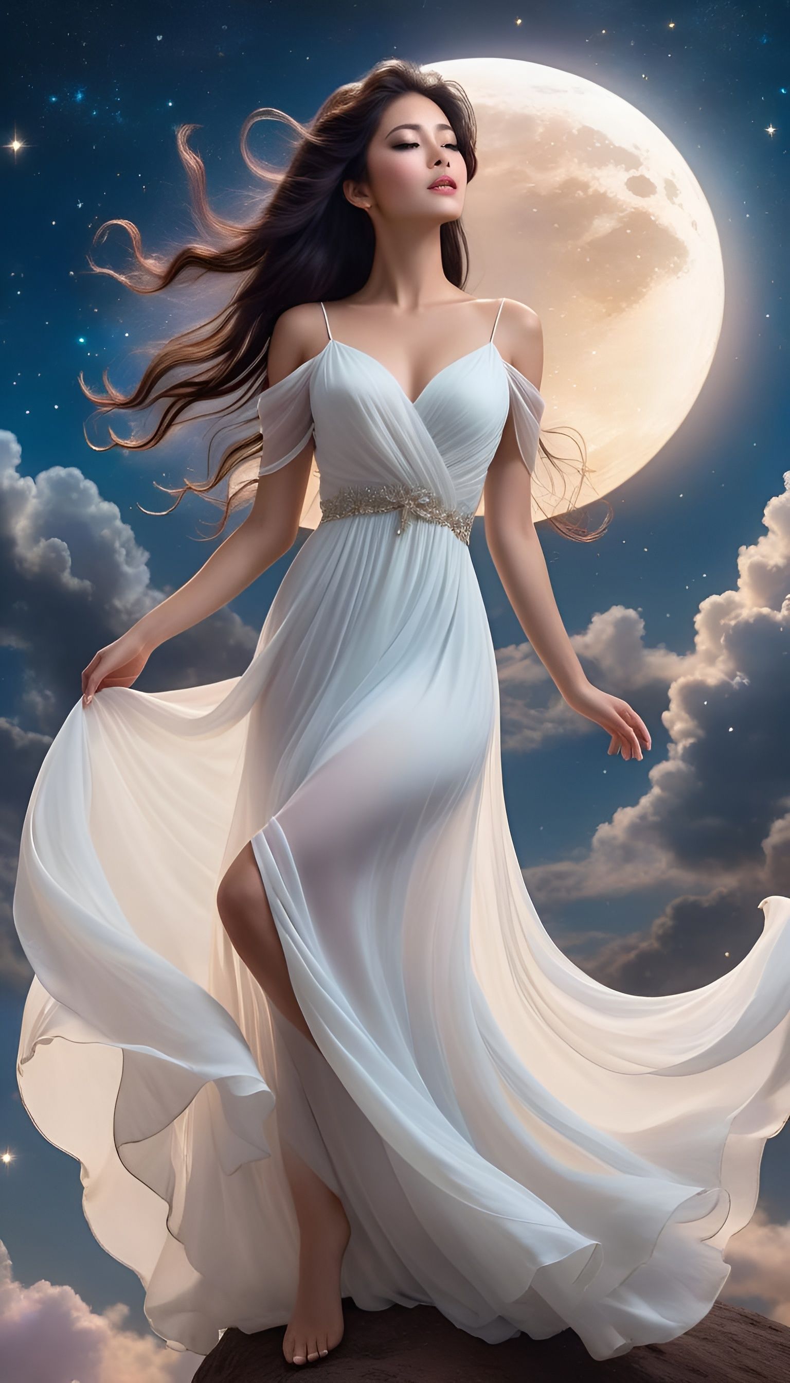 Woman on Moon in Ethereal Pastel Dreamscape