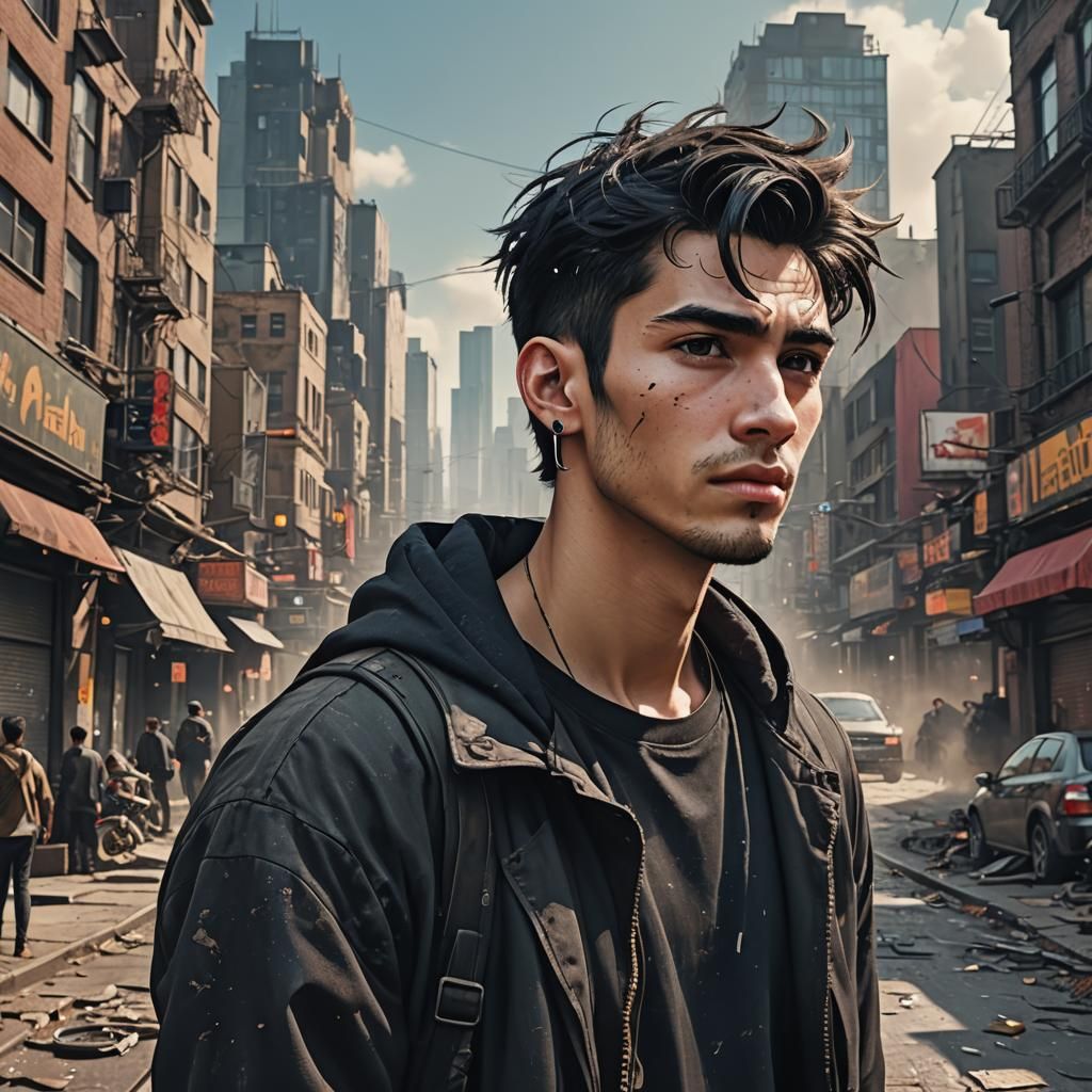 Man with Hearing Aid in Metropolis, Detailed Digital Art