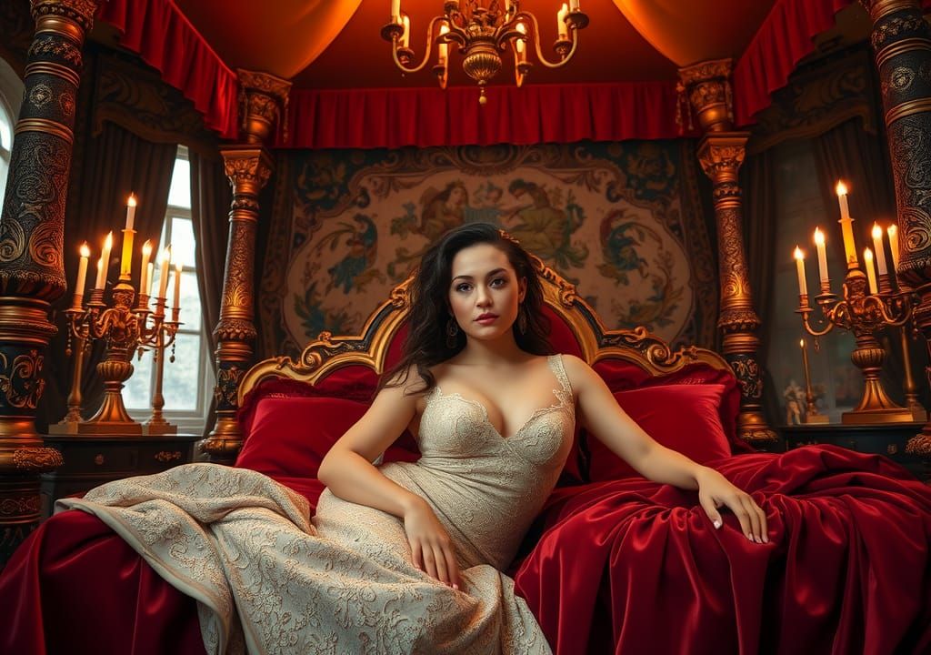 Fantasy Woman in Castle Bedroom: Dreamlike Illustration