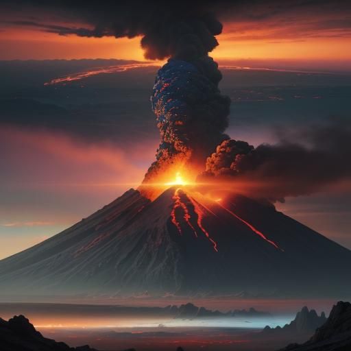 Volcano Eruption at Sunrise: Epic Fantasy Matte Painting