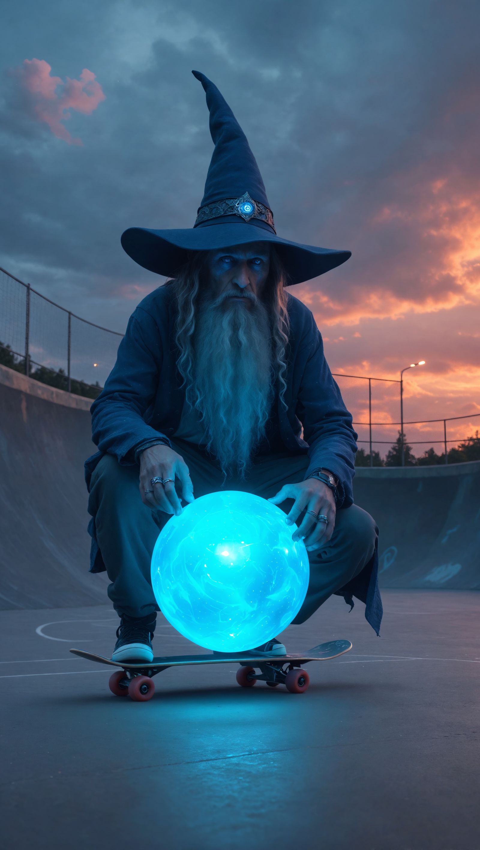 Wizard Skateboarder with Glowing Orb in Skatepark
