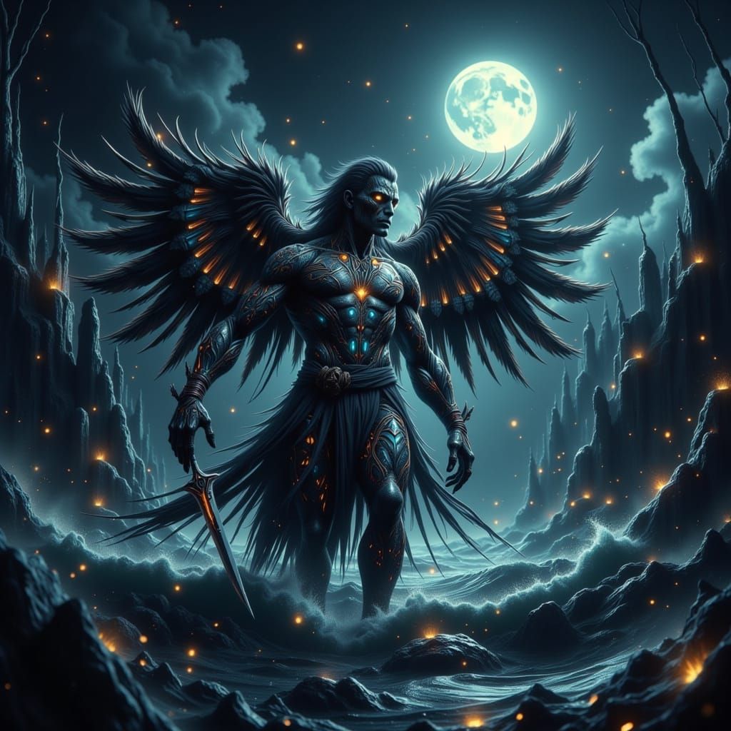 Dark Fantasy Quetzalcóatl Figure Rises from Ocean Waves in C...