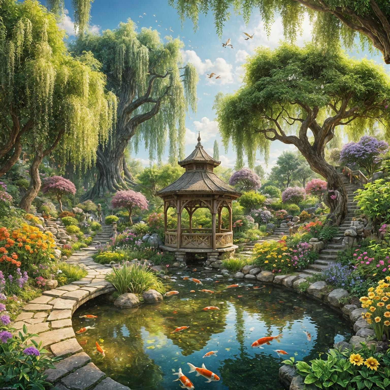 Mystical Ancient Garden with Koi Pond, Detailed Art