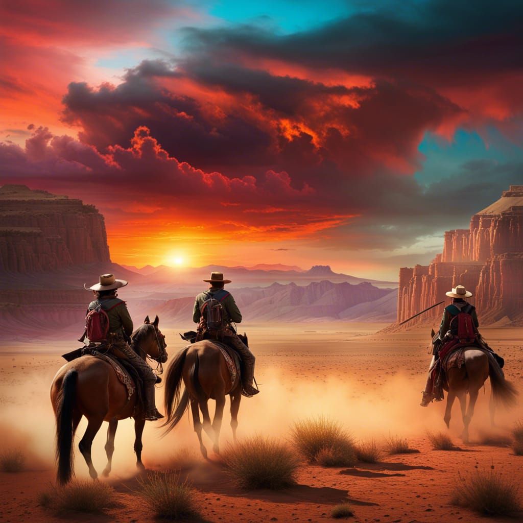Epic Western Sunset: Vaqueros in the Desert
