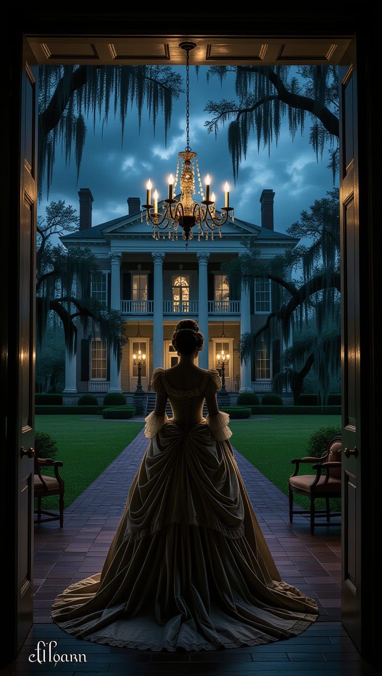 Southern Gothic Mansion at Twilight with Ghostly Figures