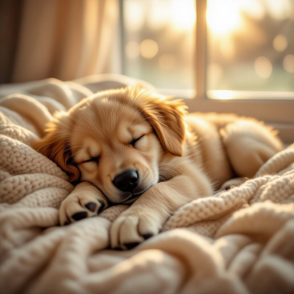 Golden Retriever Puppy Sleeps by Sunlit Window
