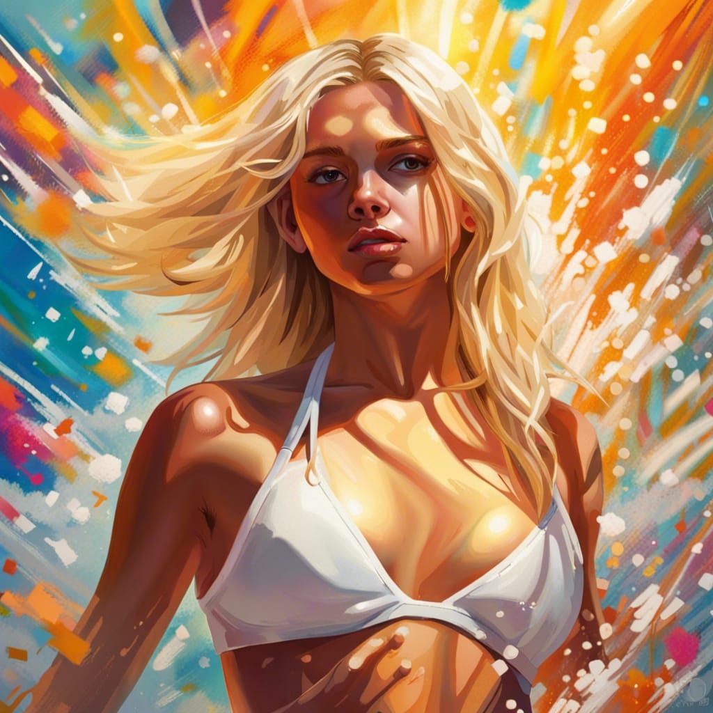 Hyperrealistic Blonde in White Bikini: Splash Art