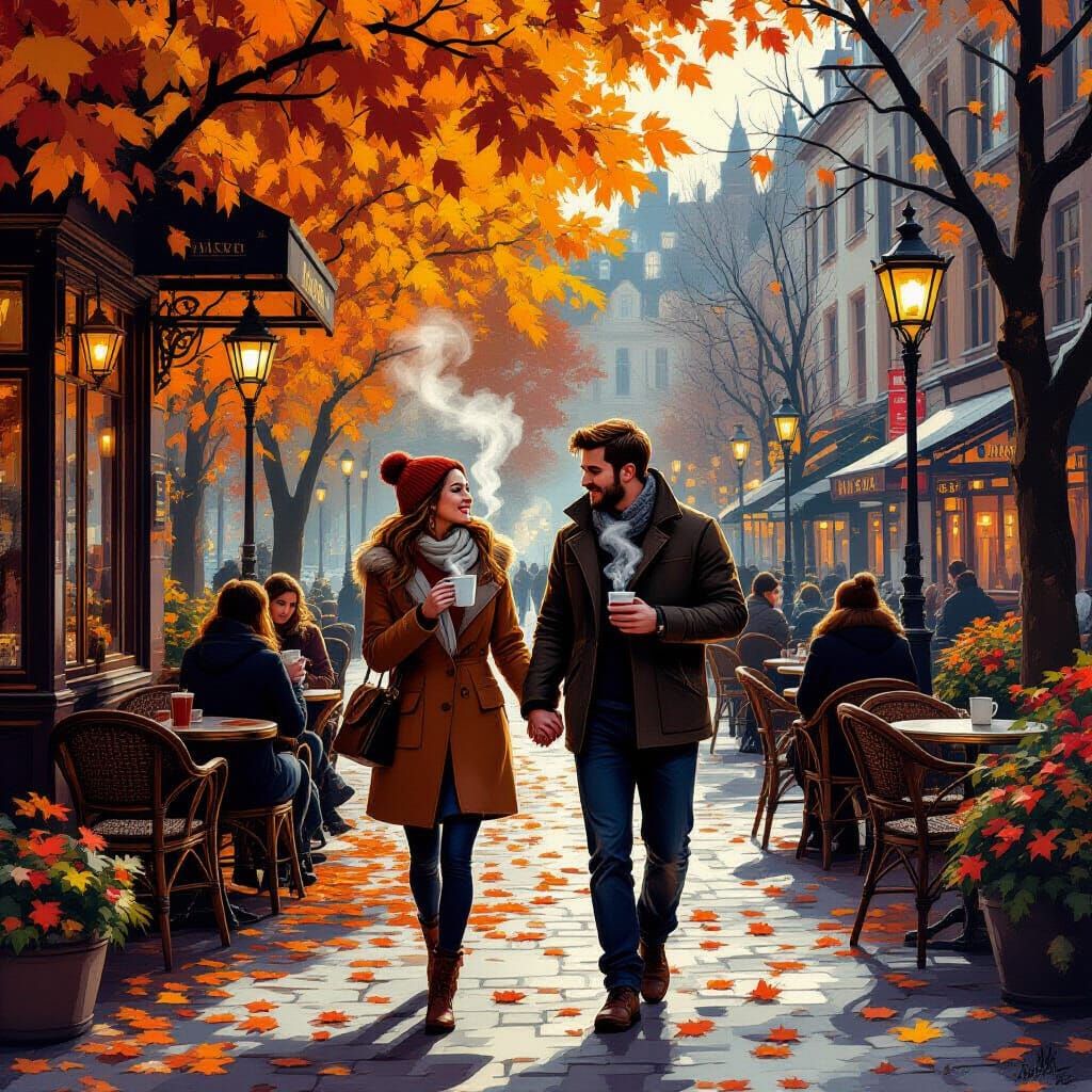 Romantic Autumn Evening Stroll: Fantasy Concept Art