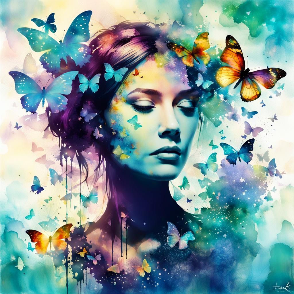 Double exposure beautiful transparent silhouette woman, butterfies, tiny butterflies, cute birds, tiny details, best sce...
