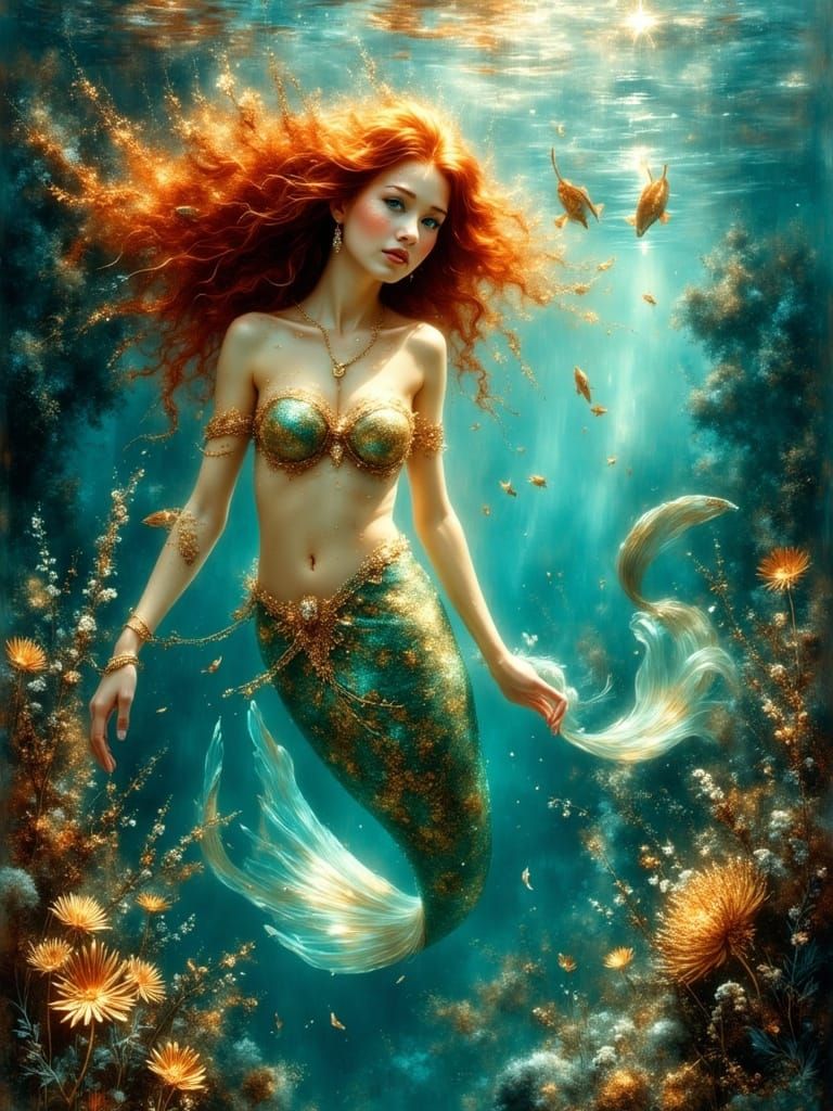 Underwater Mermaid City in Pre Raphaelite Style