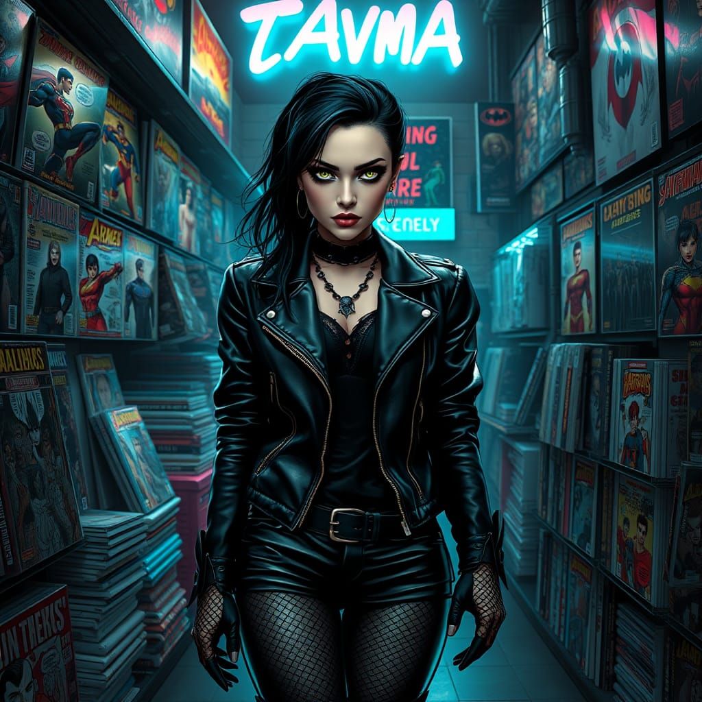 Goth Woman Radiates Karma in Comic Store