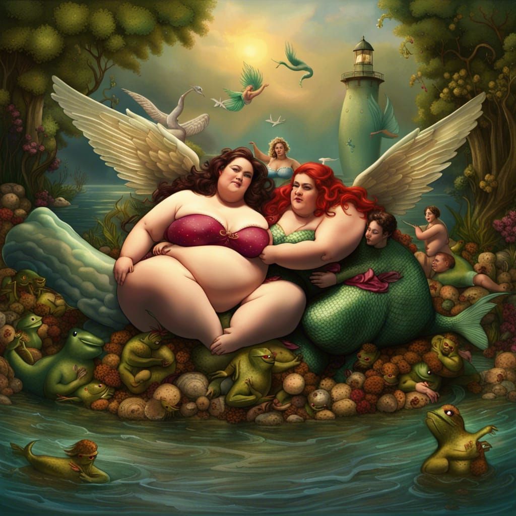 Angel and Mermaid Wrestle in Estuary: Detailed Matte Paintin...