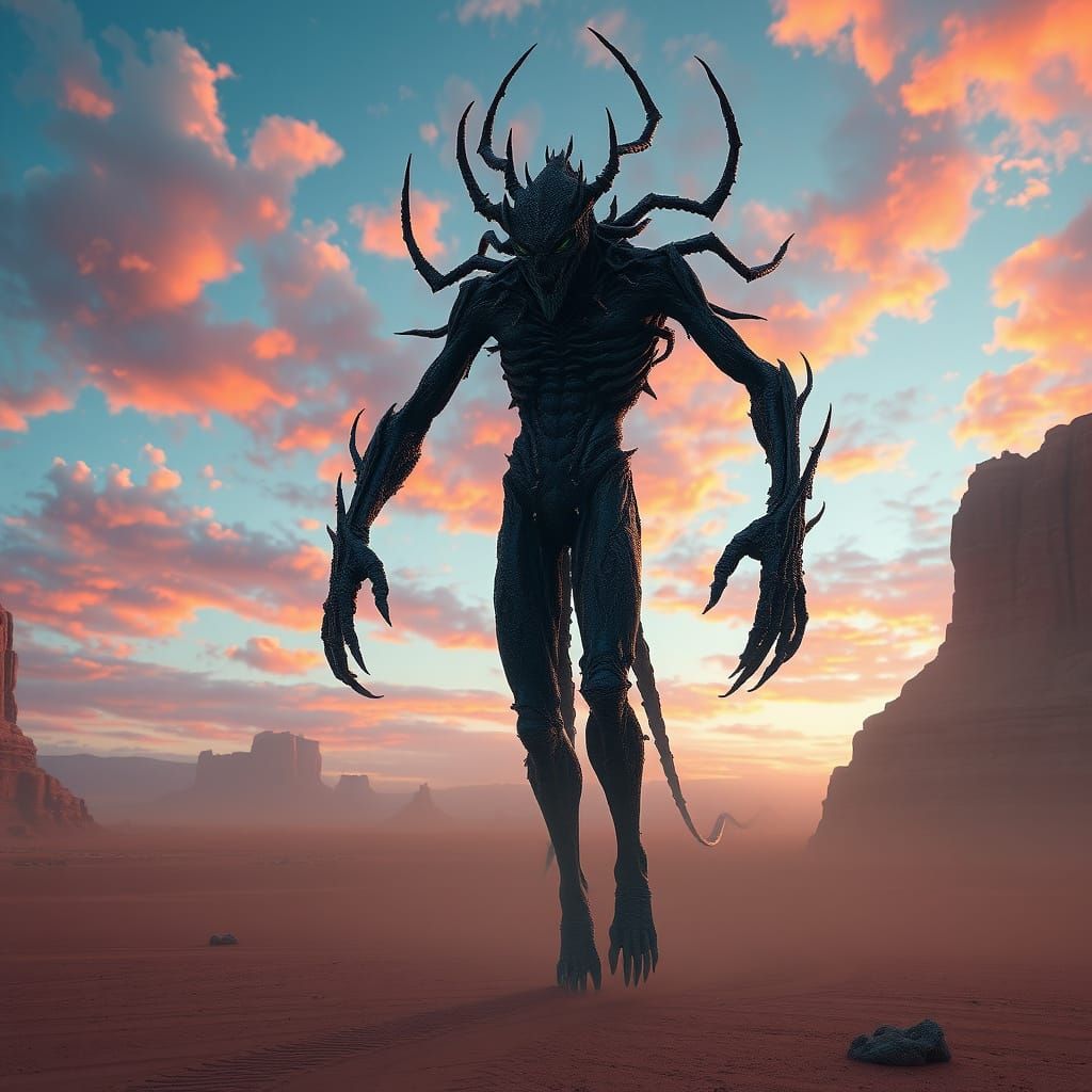 Ethereal Shrike Horror in Vibrant Desert Landscape