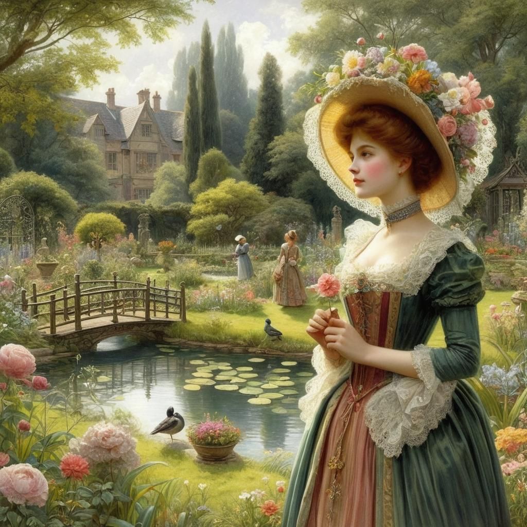 Medieval English Lady in Ethereal Garden Scene