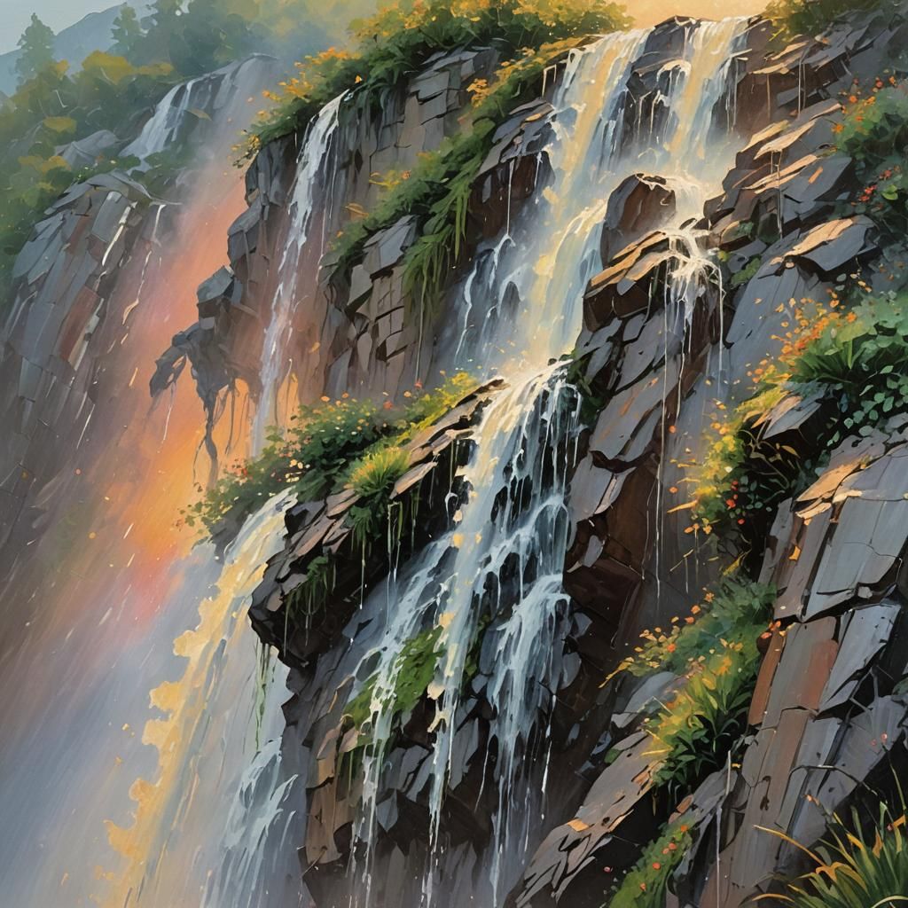 Silver Mountain Waterfall in Impressionist Style