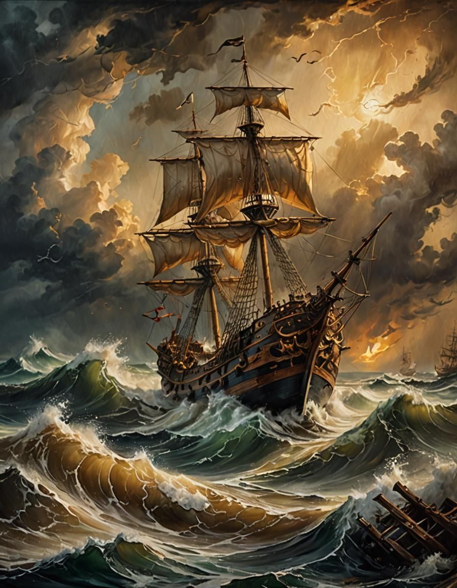 Baroque Galleon Capsizing in Stormy Seas