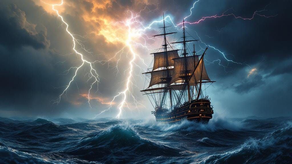 Steampunk Ship Navigates Storm with Lightning Overlay