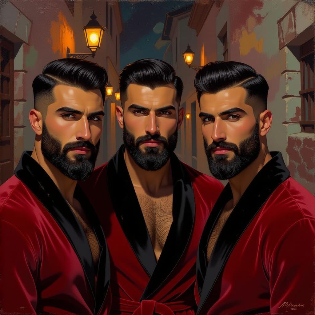 Elegant Men in Velvet Robes, Cinematic Lighting