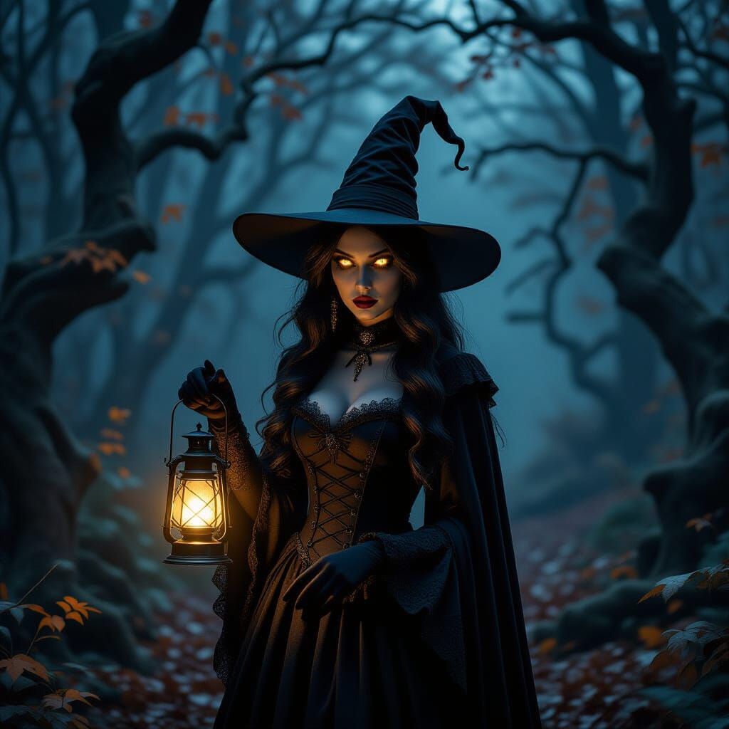 Gothic Witch in Autumn Forest with Eerie Lantern Glow
